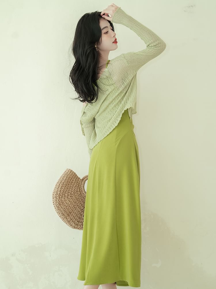 Spaghetti Strap A-Line Maxi Dress with Light Jacket Set