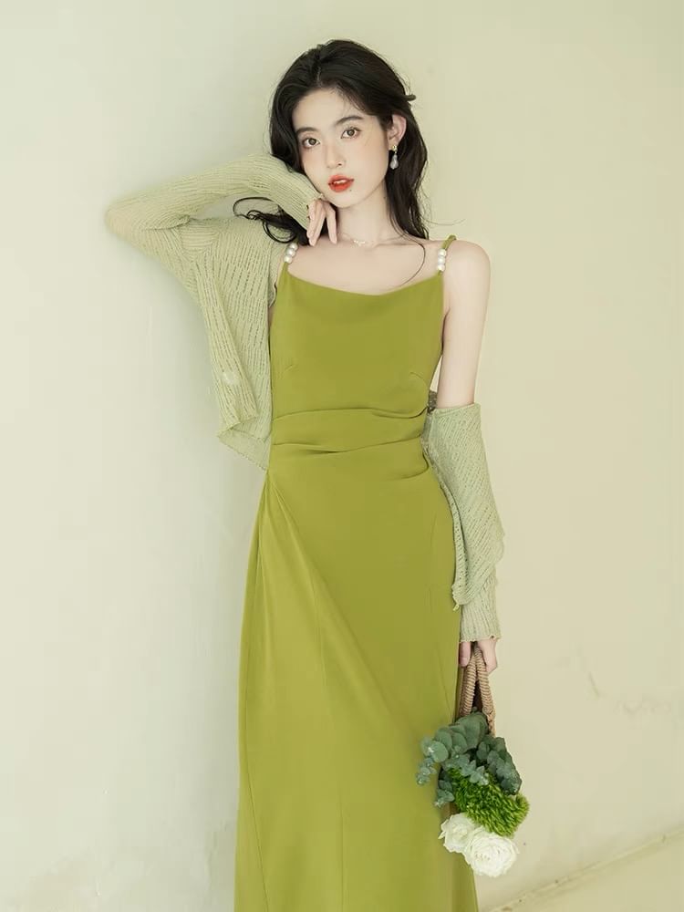 Spaghetti Strap A-Line Maxi Dress with Light Jacket Set
