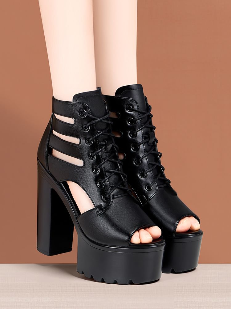 Peep Toe Lace-Up Cutout Platform Chunky Heel Sandals