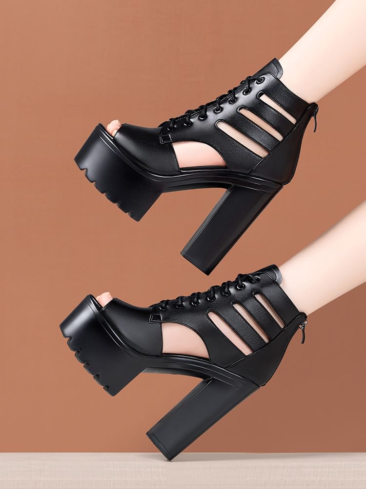 Peep Toe Lace-Up Cutout Platform Chunky Heel Sandals