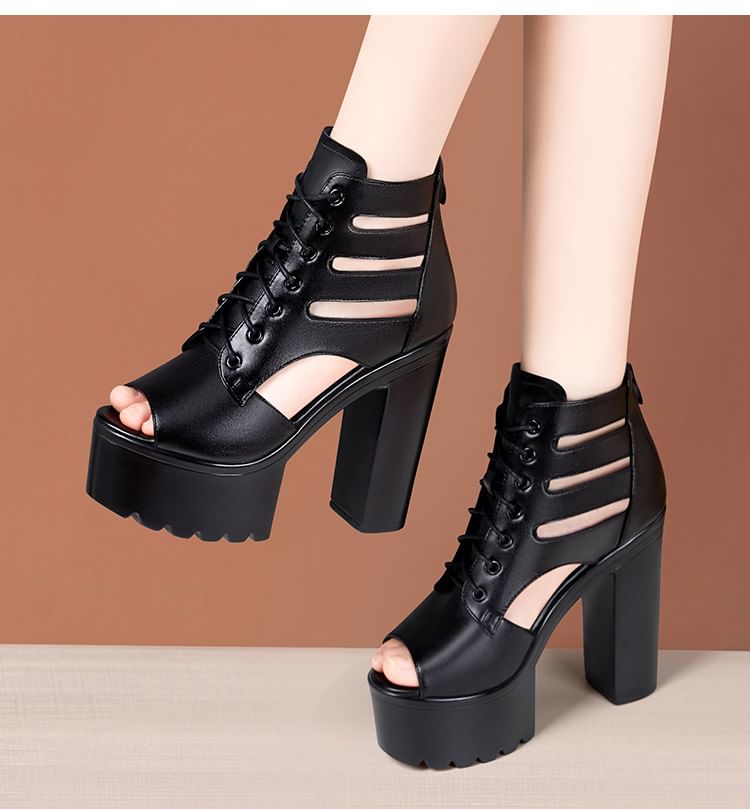 Peep Toe Lace-Up Cutout Platform Chunky Heel Sandals