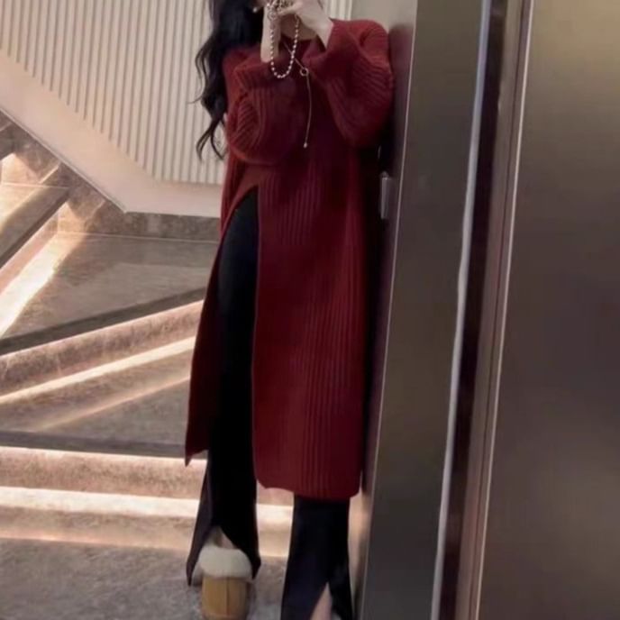 Round Neck Long Sleeve Slit Sweater Maxi Dress