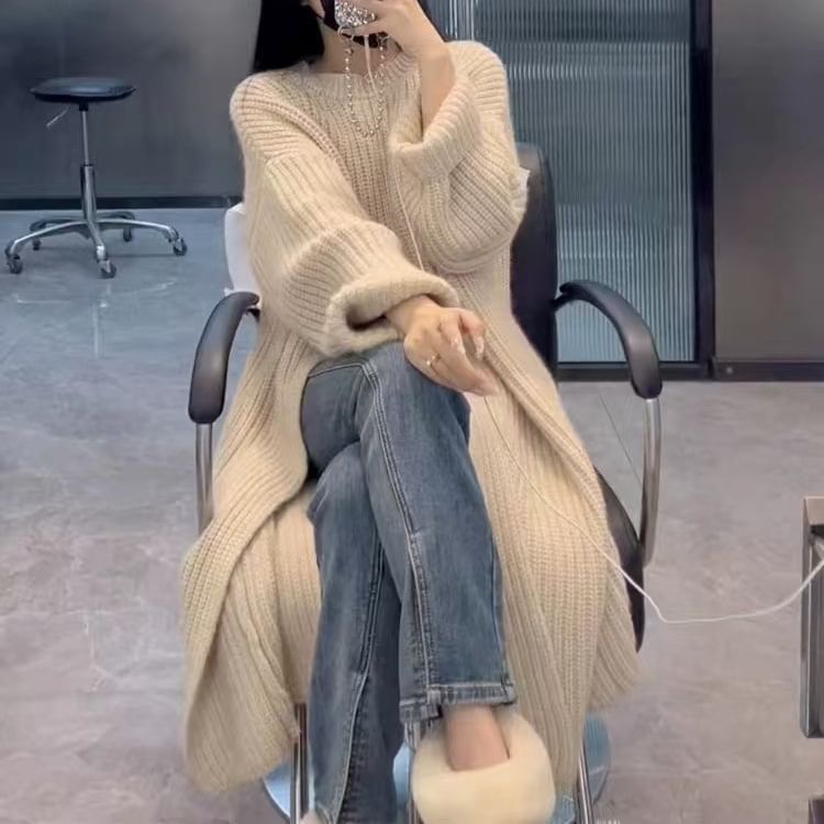 Round Neck Long Sleeve Slit Sweater Maxi Dress