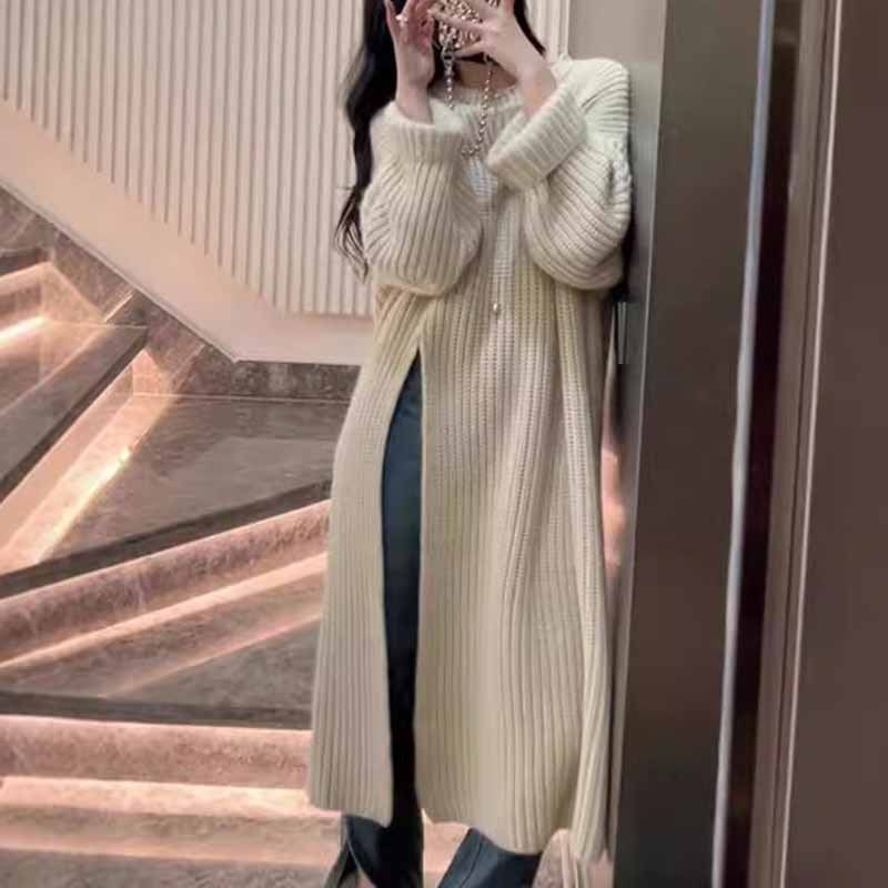 Round Neck Long Sleeve Slit Sweater Maxi Dress