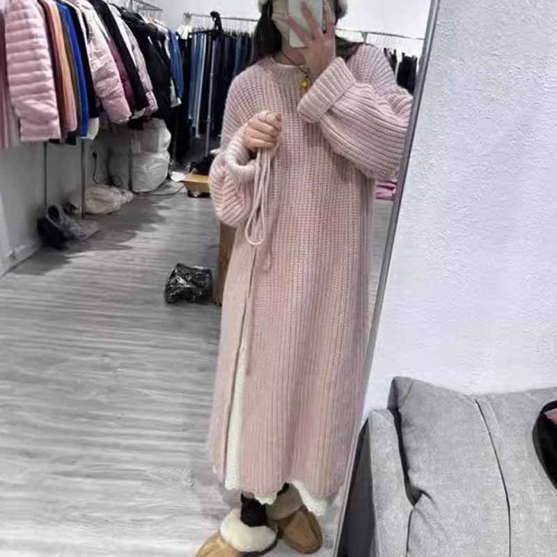 Round Neck Long Sleeve Slit Sweater Maxi Dress