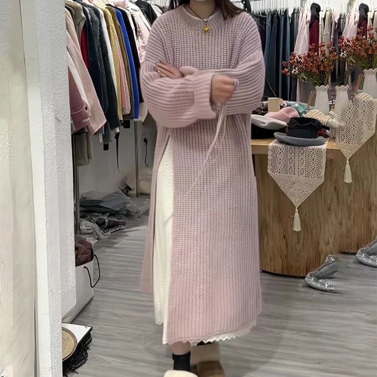 Round Neck Long Sleeve Slit Sweater Maxi Dress