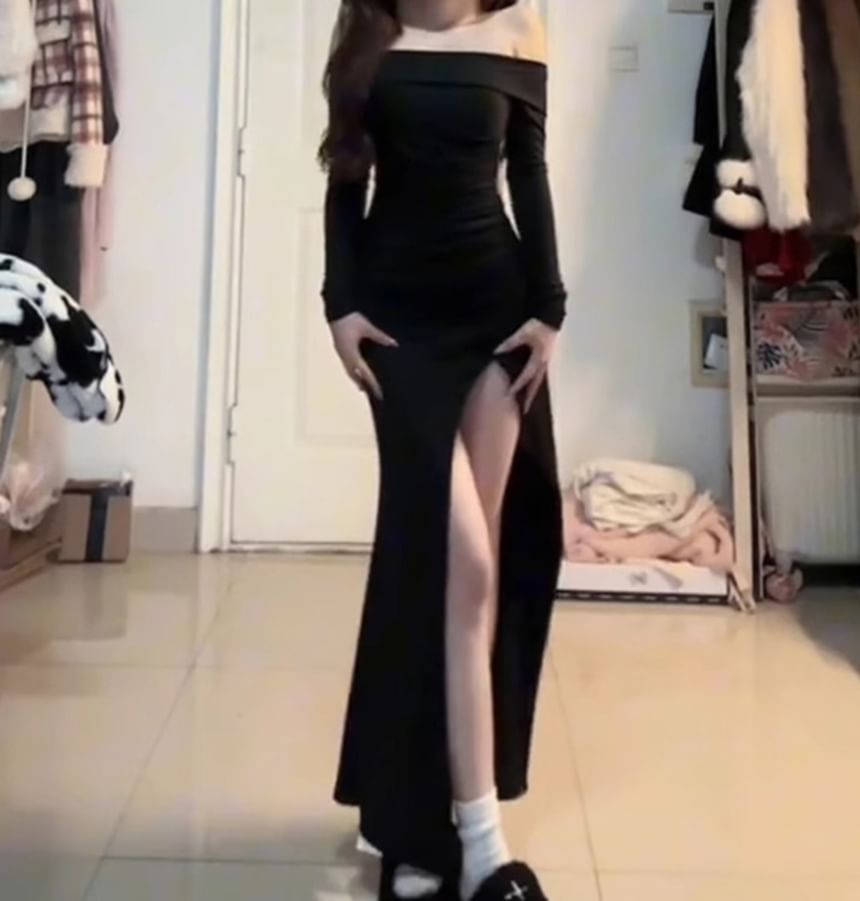 Off-Shoulder Long-Sleeve Side-Slit Maxi Sheath Dress