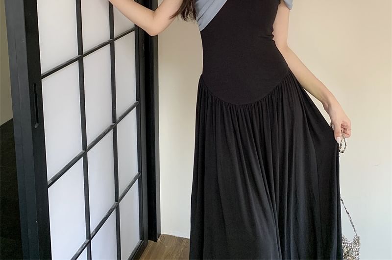 Cap-Sleeve Two-Tone Knot A-Line Maxi Dress