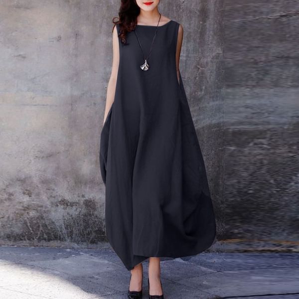 Boat Neck Sleeveless A-Line Maxi Dress
