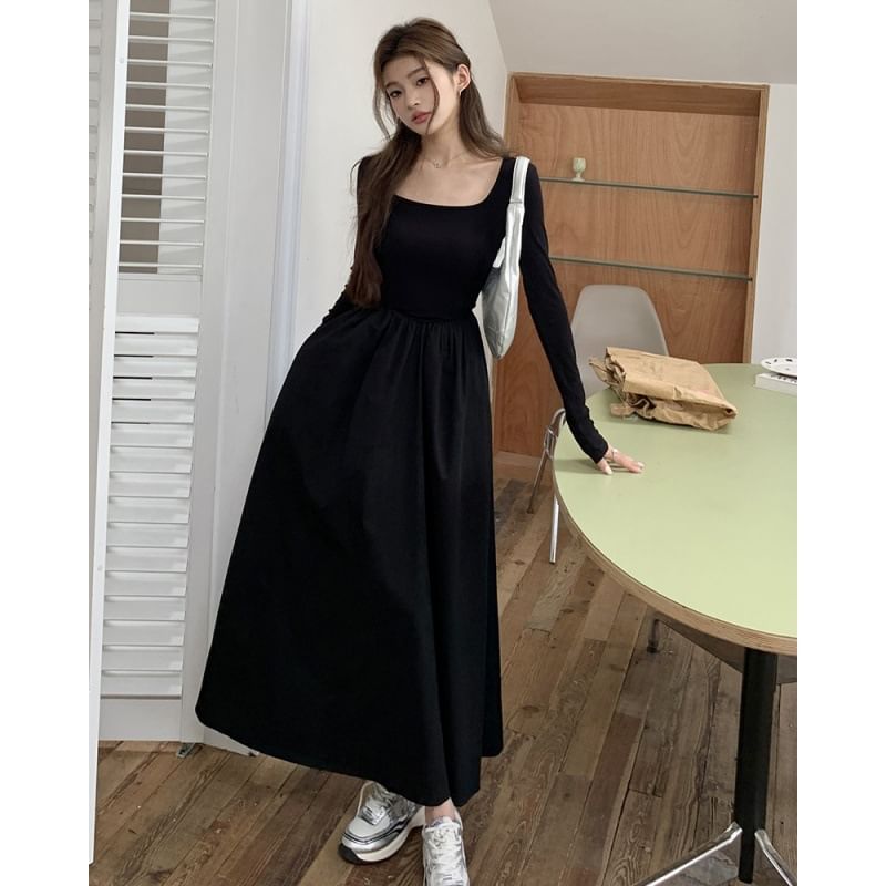 Square Neck Long-Sleeve Gathered Panel A-Line Maxi Dress