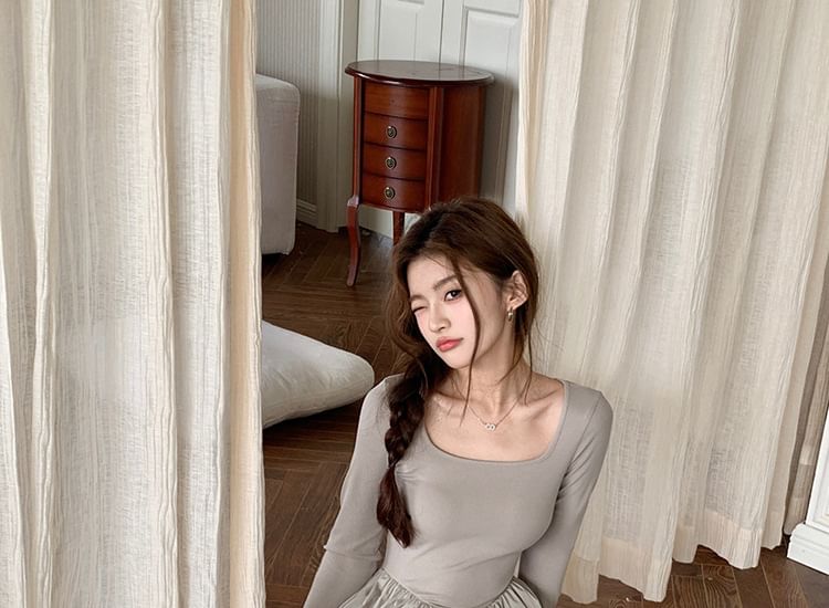 Square Neck Long-Sleeve Gathered Panel A-Line Maxi Dress