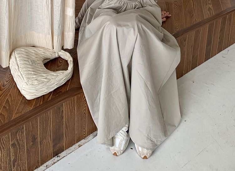 Square Neck Long-Sleeve Gathered Panel A-Line Maxi Dress