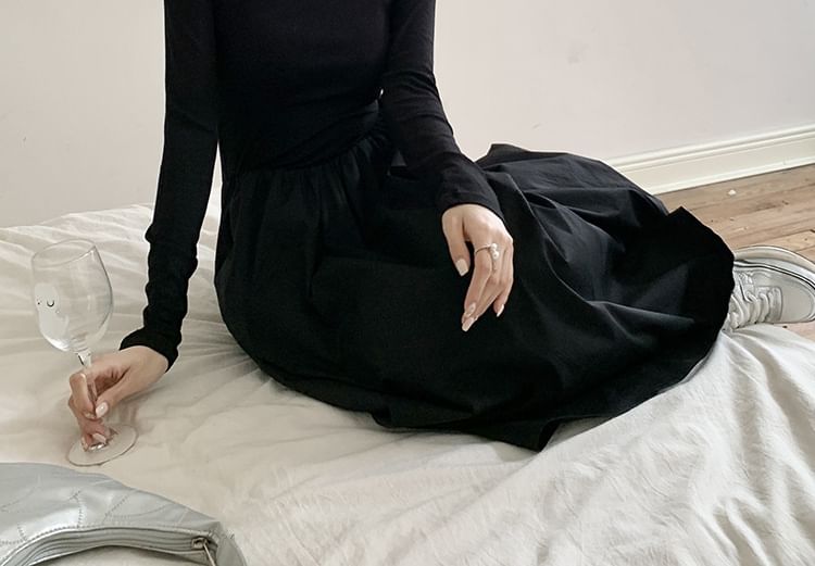 Square Neck Long-Sleeve Gathered Panel A-Line Maxi Dress