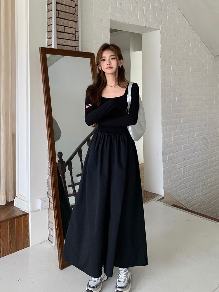 Square Neck Long-Sleeve Gathered Panel A-Line Maxi Dress