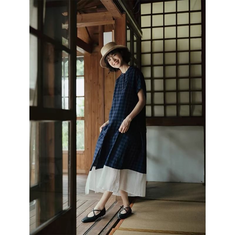 Short-Sleeve Band Collar Plaid Panel Button A-Line Maxi Dress