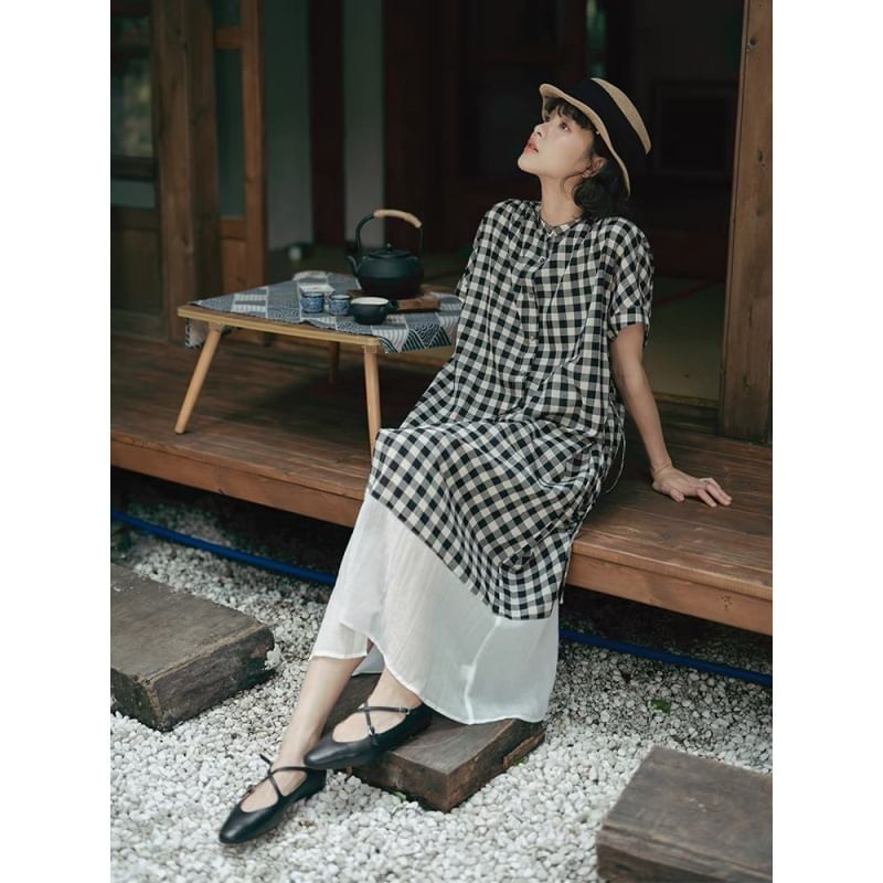 Short-Sleeve Band Collar Plaid Panel Button A-Line Maxi Dress