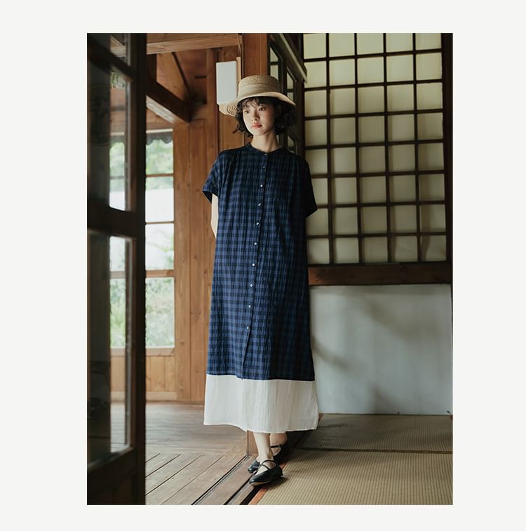 Short-Sleeve Band Collar Plaid Panel Button A-Line Maxi Dress