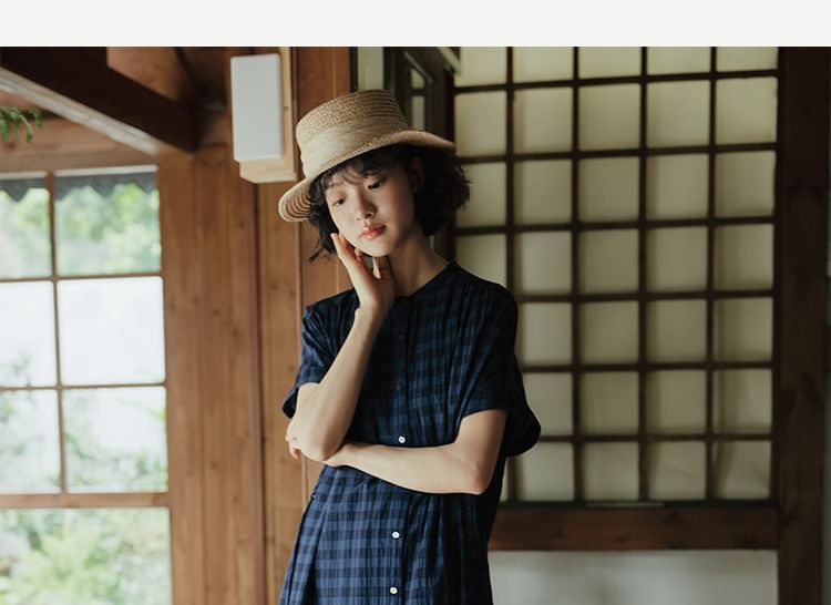 Short-Sleeve Band Collar Plaid Panel Button A-Line Maxi Dress