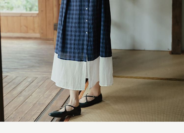 Short-Sleeve Band Collar Plaid Panel Button A-Line Maxi Dress