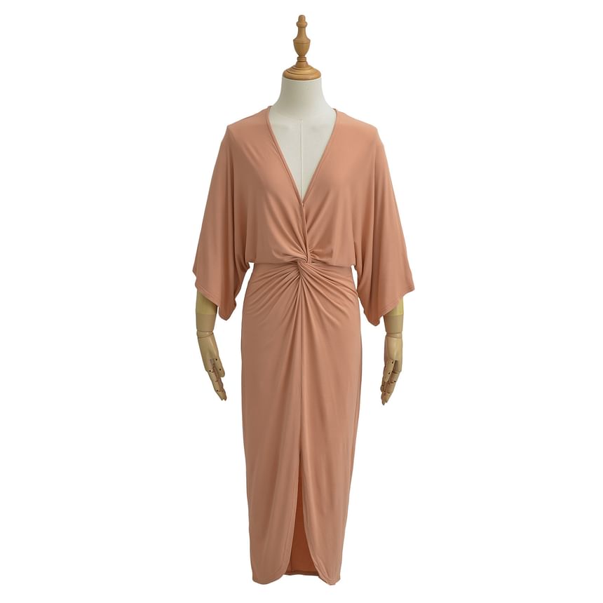 V-Neck 3/4-Sleeve Sheath Maxi Dress