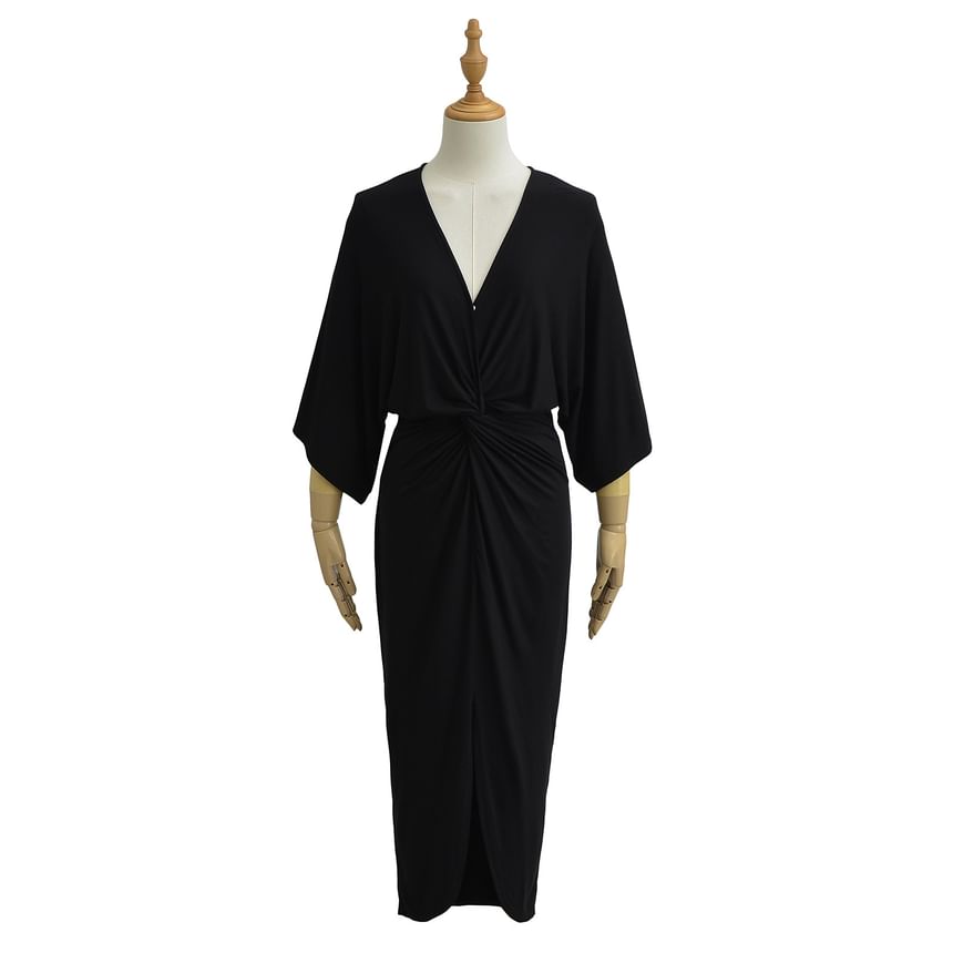 V-Neck 3/4-Sleeve Sheath Maxi Dress