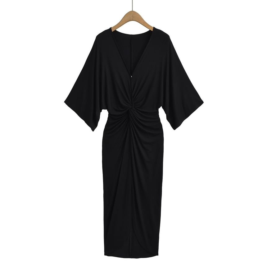 V-Neck 3/4-Sleeve Sheath Maxi Dress