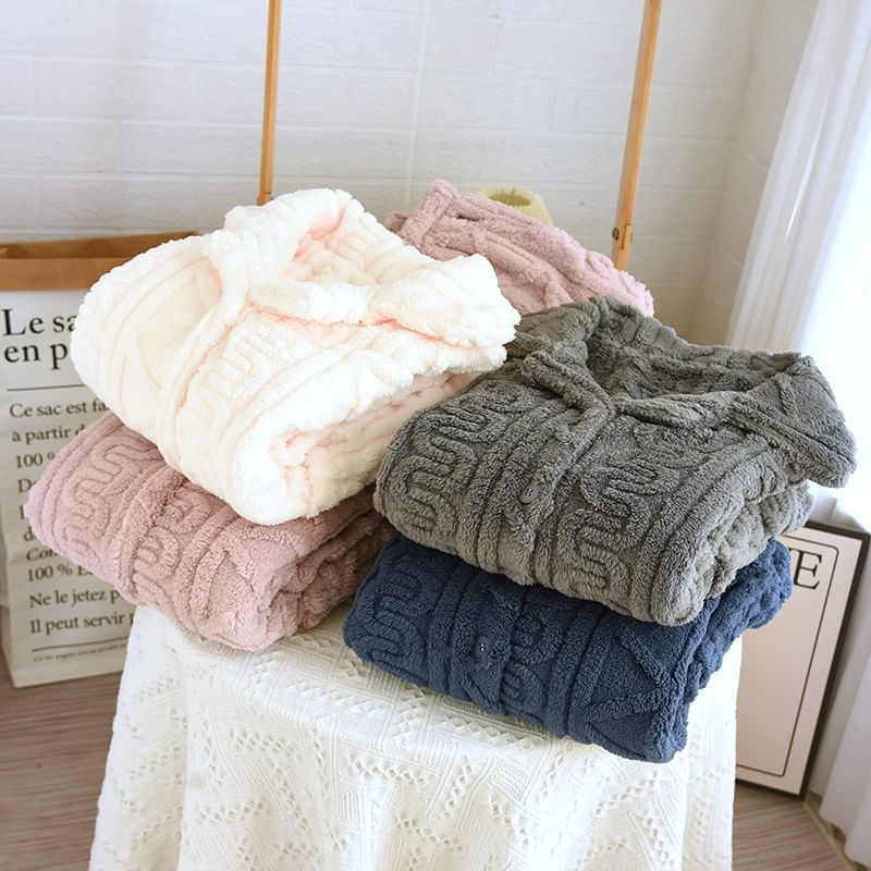 Couple Matching Pajama Set: Long-Sleeve Lapel Collar Jacquard Button-Up Fleece Top + Pants (Various Designs)