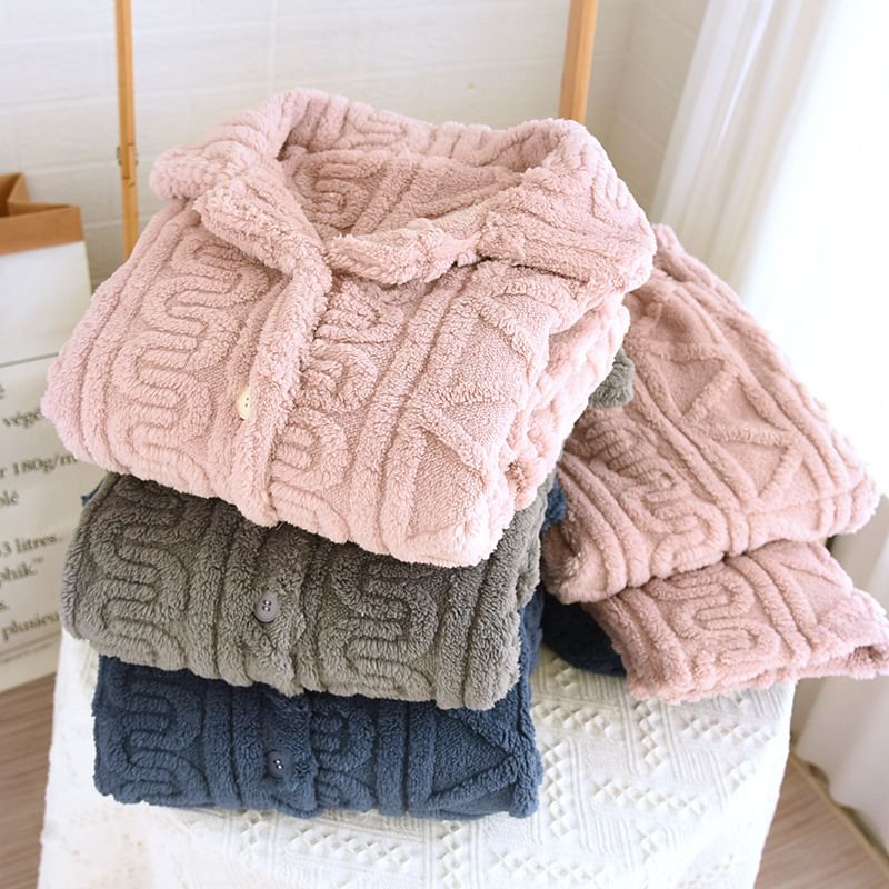 Couple Matching Pajama Set: Long-Sleeve Lapel Collar Jacquard Button-Up Fleece Top + Pants (Various Designs)