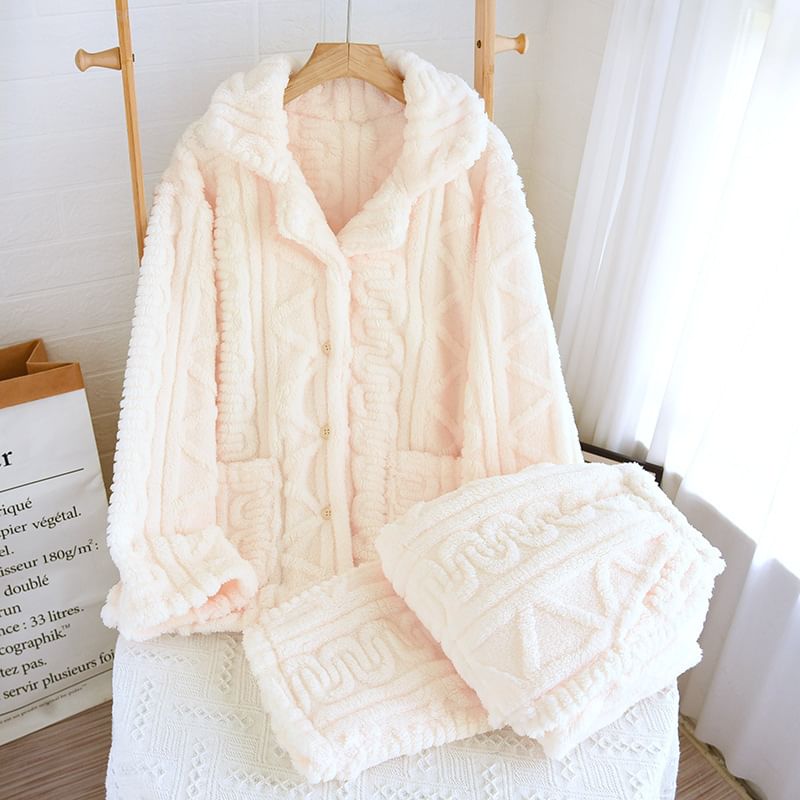 Couple Matching Pajama Set: Long-Sleeve Lapel Collar Jacquard Button-Up Fleece Top + Pants (Various Designs)