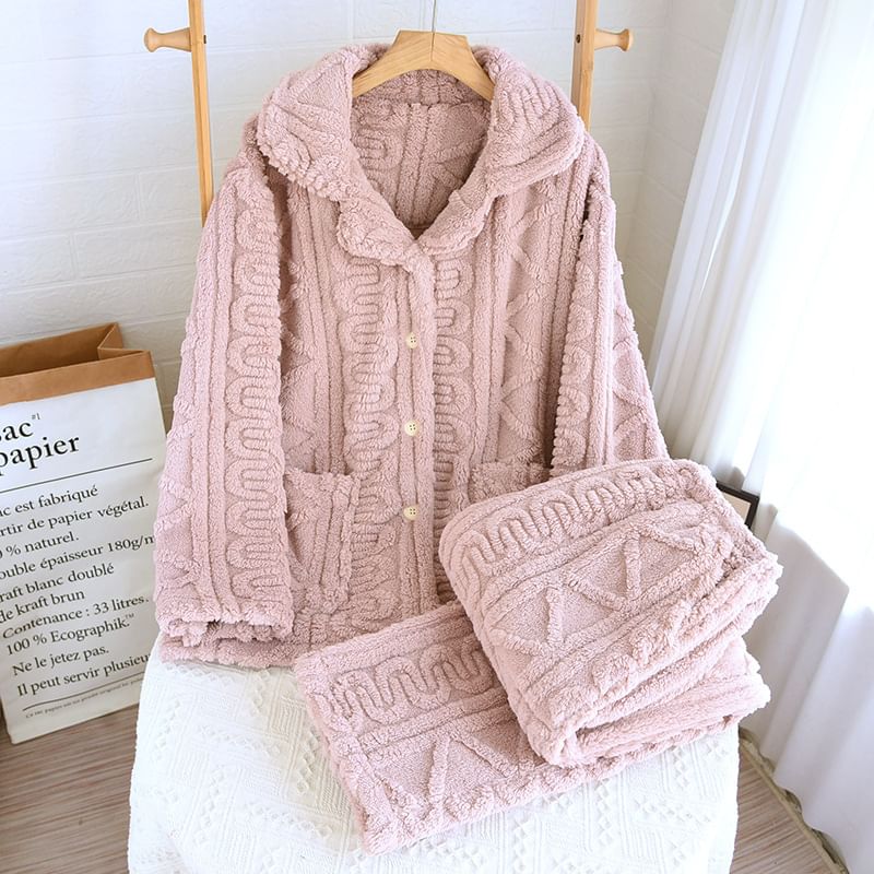 Couple Matching Pajama Set: Long-Sleeve Lapel Collar Jacquard Button-Up Fleece Top + Pants (Various Designs)