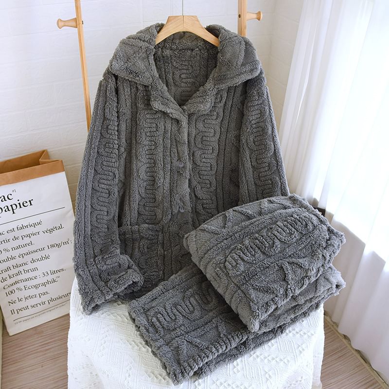 Couple Matching Pajama Set: Long-Sleeve Lapel Collar Jacquard Button-Up Fleece Top + Pants (Various Designs)