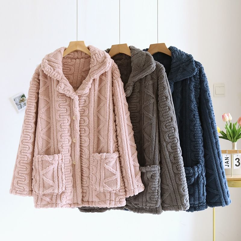 Couple Matching Long-Sleeve Lapel Collar Jacquard Button-Up Fleece Pajama Top (Various Designs)