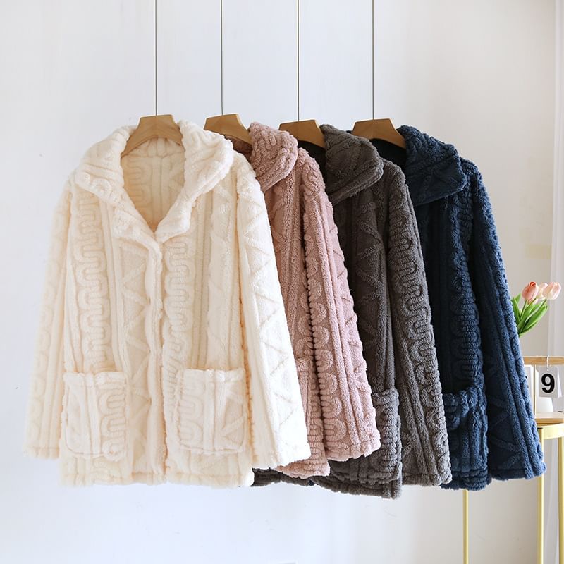 Couple Matching Long-Sleeve Lapel Collar Jacquard Button-Up Fleece Pajama Top (Various Designs)