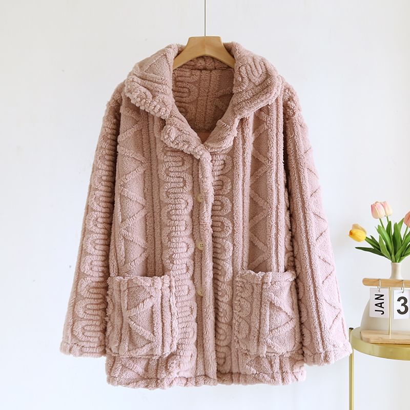 Couple Matching Long-Sleeve Lapel Collar Jacquard Button-Up Fleece Pajama Top (Various Designs)