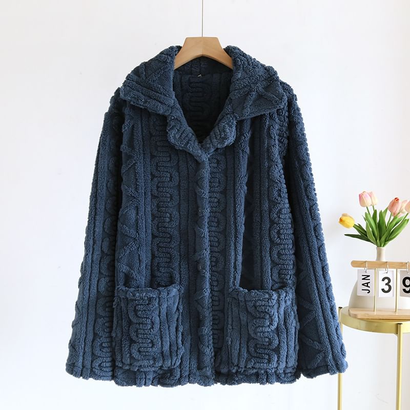 Couple Matching Long-Sleeve Lapel Collar Jacquard Button-Up Fleece Pajama Top (Various Designs)