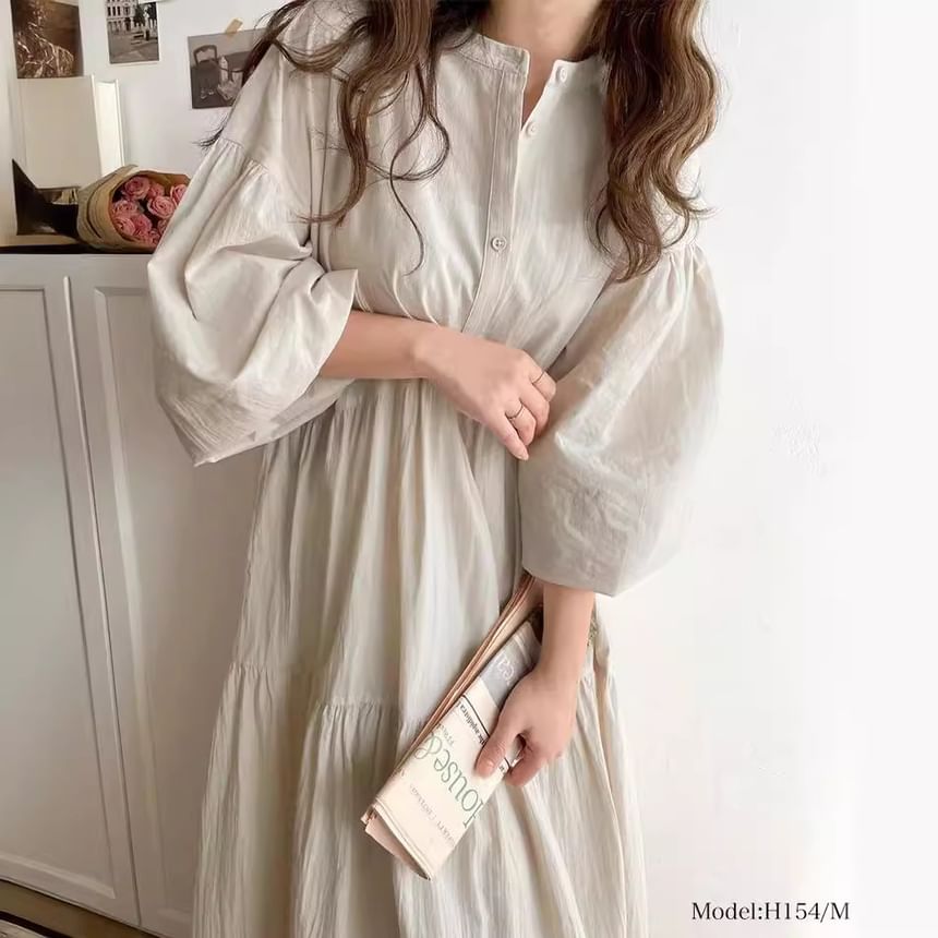 Band Collar Long Sleeve Panel Button A-Line Maxi Dress