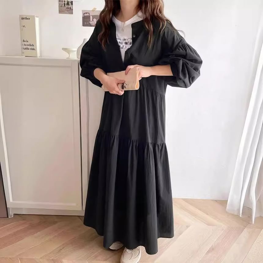 Band Collar Long Sleeve Panel Button A-Line Maxi Dress