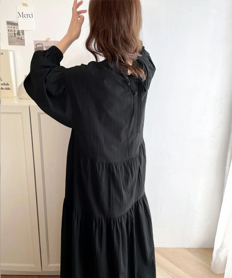 Band Collar Long Sleeve Panel Button A-Line Maxi Dress