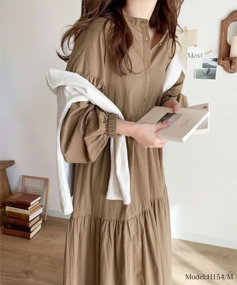 Band Collar Long Sleeve Panel Button A-Line Maxi Dress