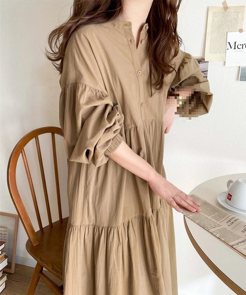 Band Collar Long Sleeve Panel Button A-Line Maxi Dress