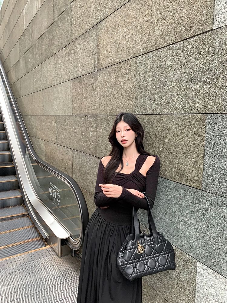 Cold-Shoulder Long-Sleeve A-Line Maxi Dress