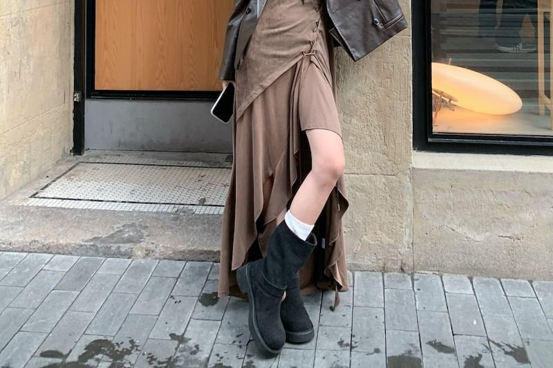 Faux Leather Blazer & Asymmetrical Drawstring Maxi A-Line Dress Set