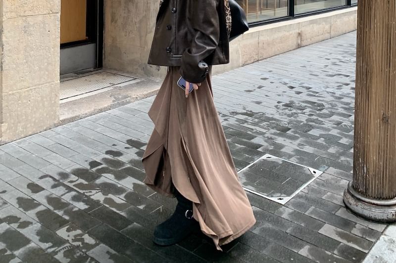 Faux Leather Blazer & Asymmetrical Drawstring Maxi A-Line Dress Set