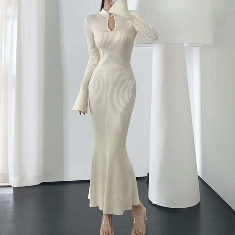Keyhole Ribbed Long Sleeve Mermaid Bodycon Maxi Dress
