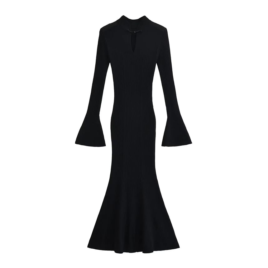 Keyhole Ribbed Long Sleeve Mermaid Bodycon Maxi Dress