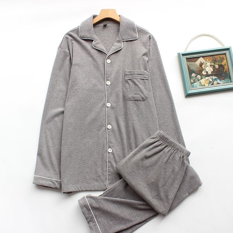 Couple Matching Pajama Set: Long-Sleeve Lapel Collar Contrast Trim Button-Up Top + Pants (Various Designs)