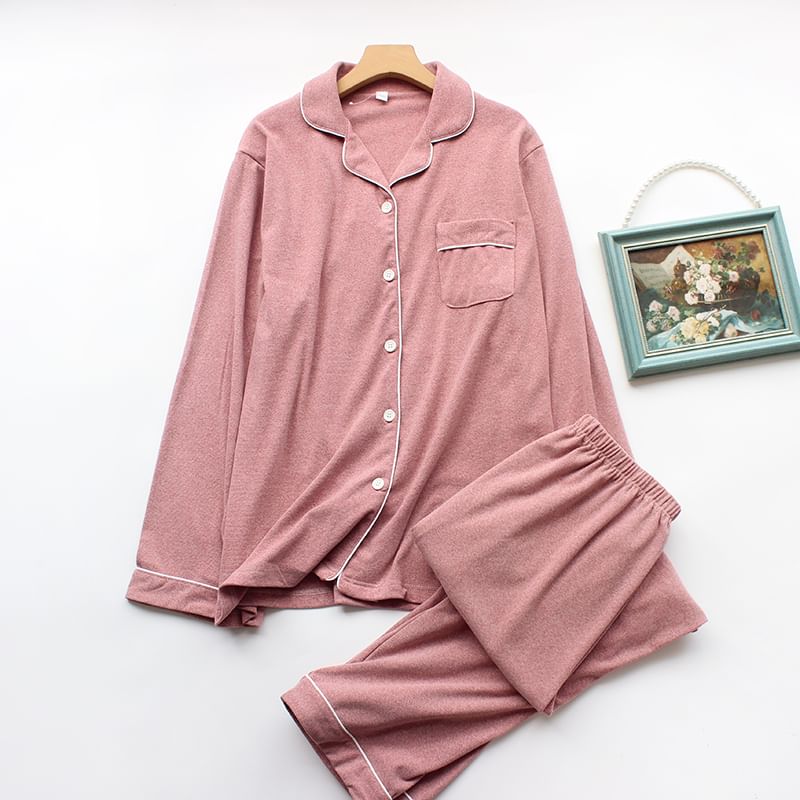 Couple Matching Pajama Set: Long-Sleeve Lapel Collar Contrast Trim Button-Up Top + Pants (Various Designs)