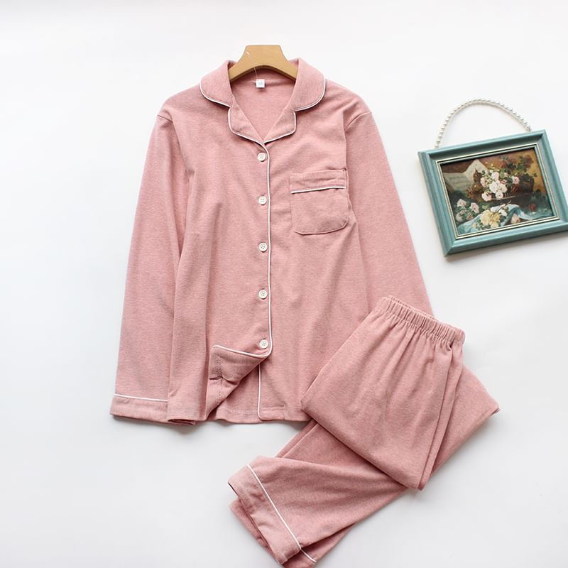 Couple Matching Pajama Set: Long-Sleeve Lapel Collar Contrast Trim Button-Up Top + Pants (Various Designs)