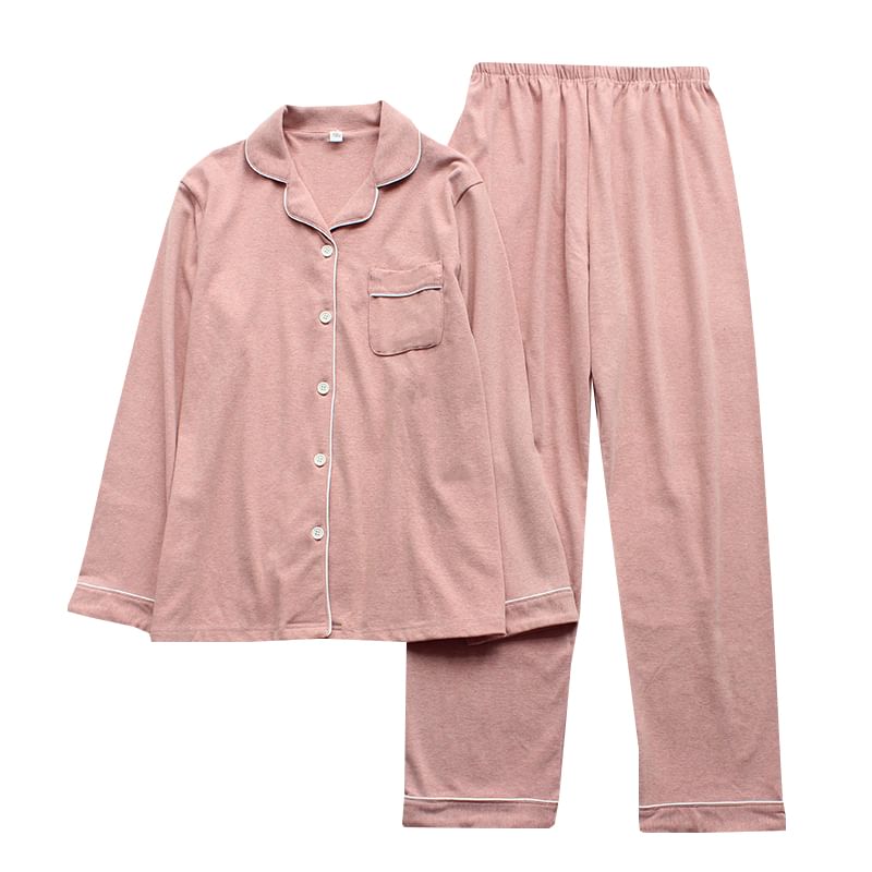 Couple Matching Pajama Set: Long-Sleeve Lapel Collar Contrast Trim Button-Up Top + Pants (Various Designs)