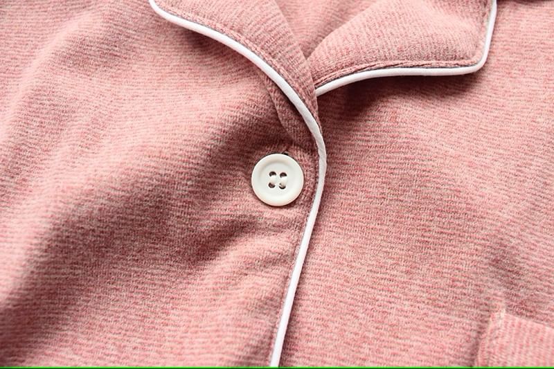 Couple Matching Pajama Set: Long-Sleeve Lapel Collar Contrast Trim Button-Up Top + Pants (Various Designs)